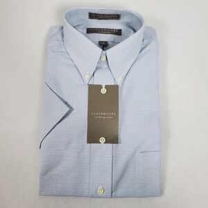 CLAYBROOKE Mens Blue Gingham Wrinkle Free Short Sleeve Button Down Shirt Size 15